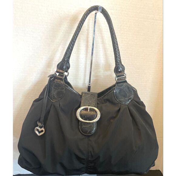 BRIGHTON Black NICHELLE Nylon/Patent Leather Large Tote Handbag Double Strap - Picture 1 of 12